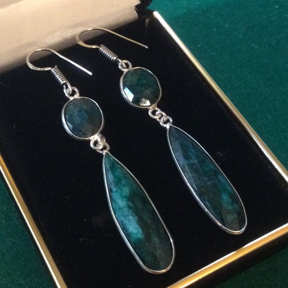 Genuine Emerald  Faceted Dangle Drop Earrings - Picture 2 of 11